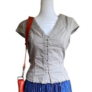 Lace Cotton Cinched Gray Blouse Top Small Coquette‎ Baddie Femme Victorian Y2K